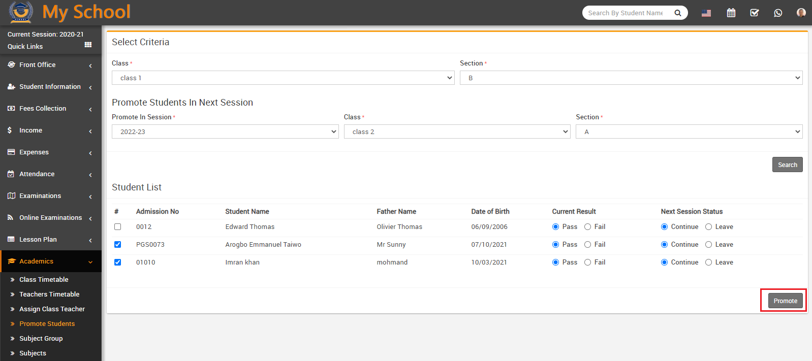 promote student next session image