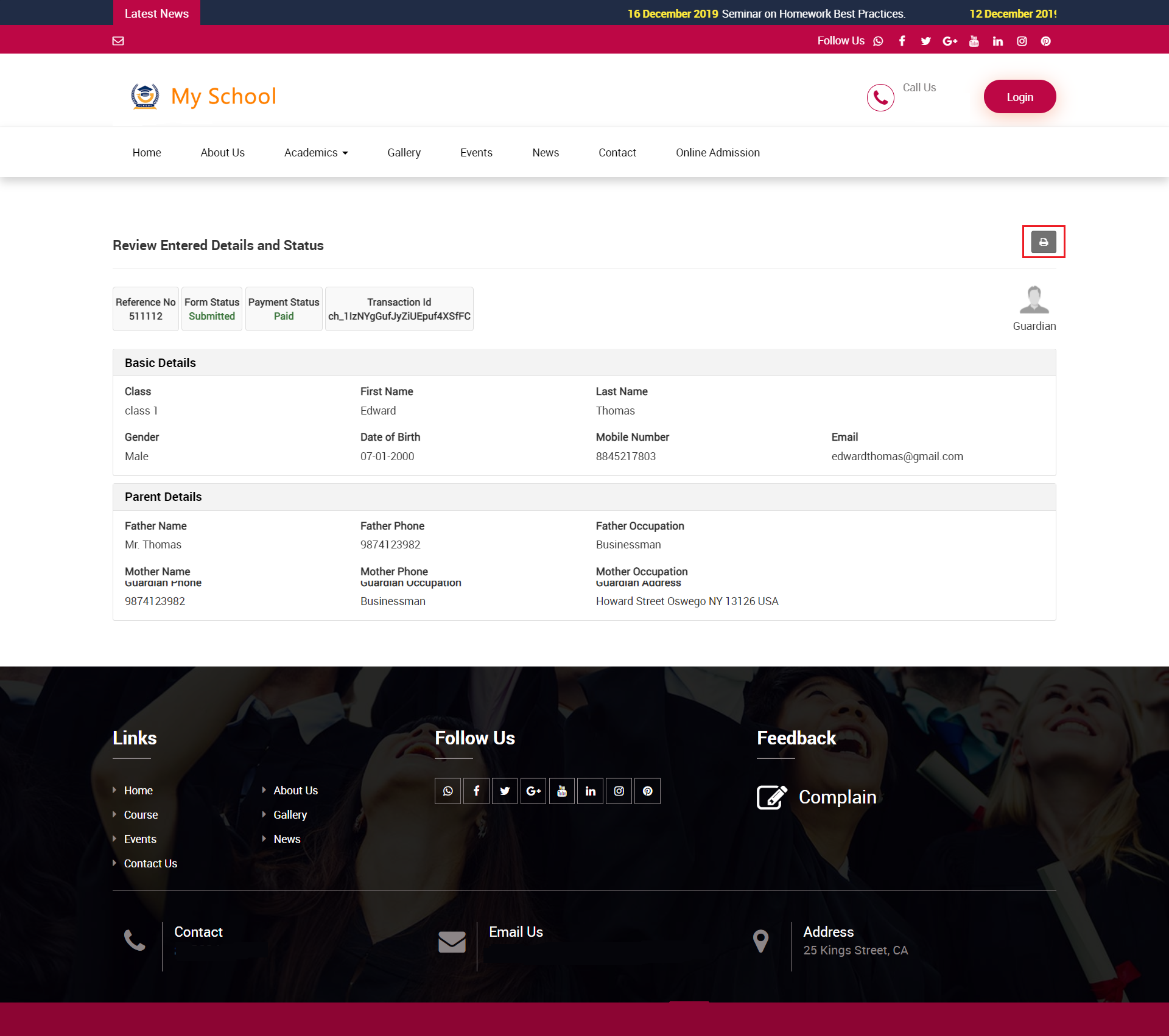 online admission admin site print image
