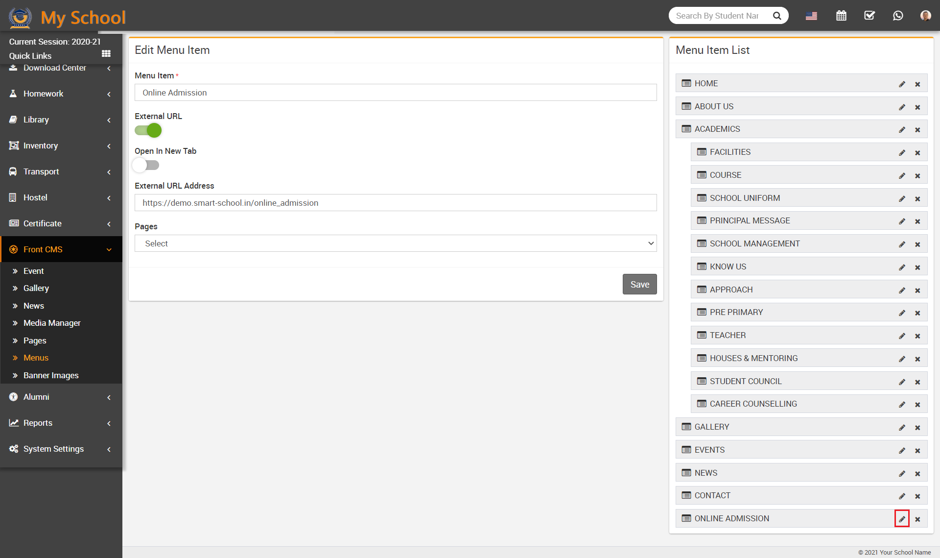online admission menu edit