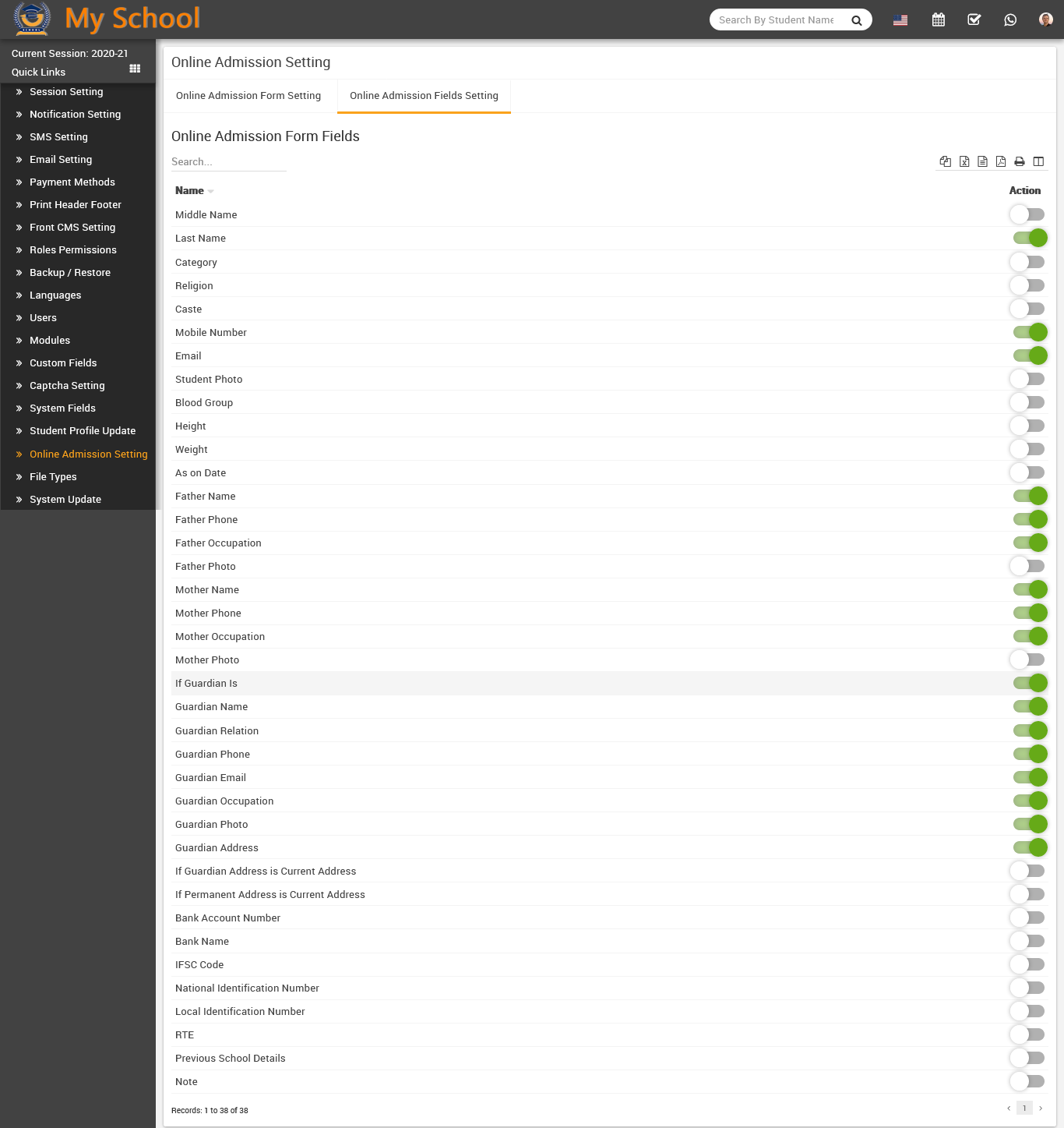 online admission manage fields
