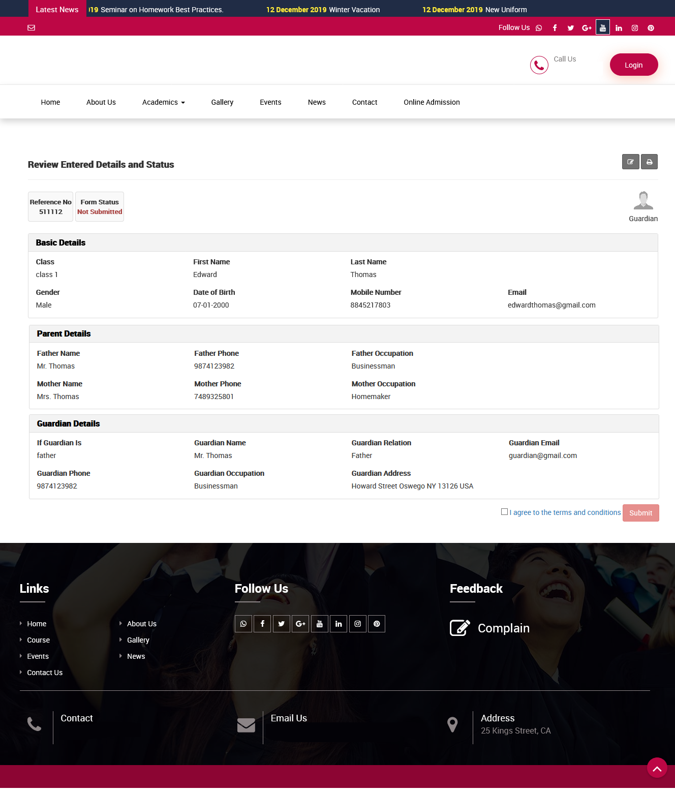 online admission review detail