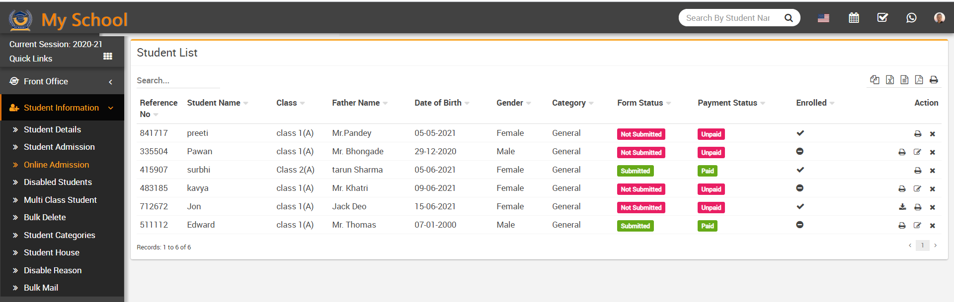online admission student list