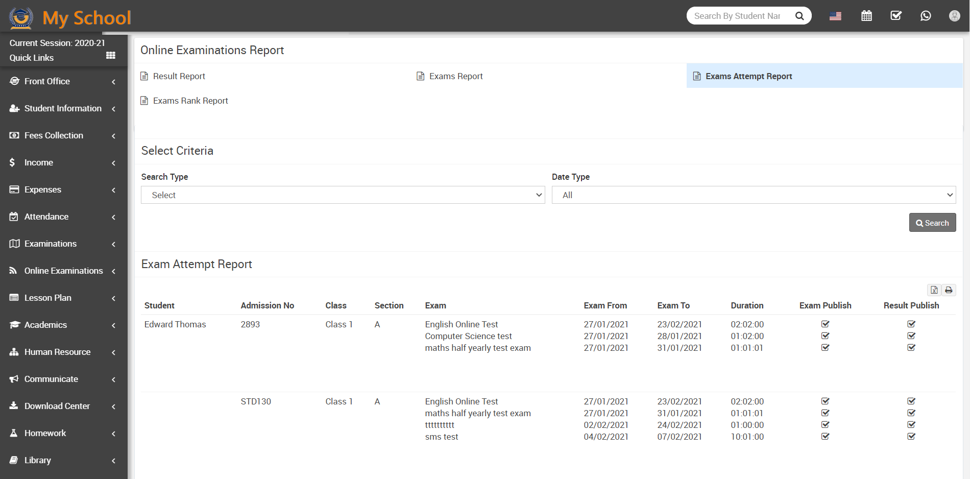 Online Exam Attempt Report